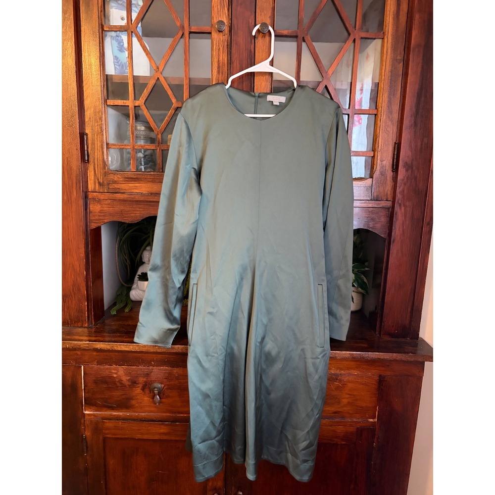 COS Dark Green Satin Long Sleeve Shift Dress Size EU 44 US 12 Architectural Back